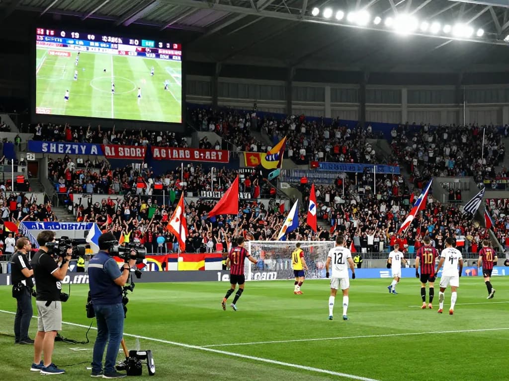 Live football match at Nowgoal, showcasing real-time scores and excited fans in the stadium.