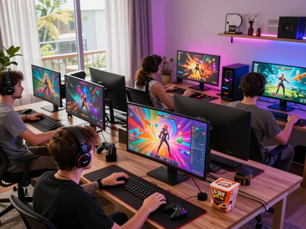 Players enjoying immersive porngames in a vibrant home gaming environment with ambient lighting.