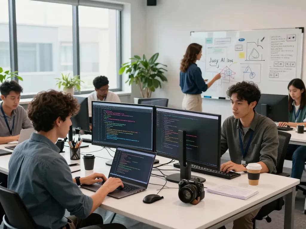 Team collaborating on juicy AI projects in a modern tech workspace with coding setups and brainstorming materials.