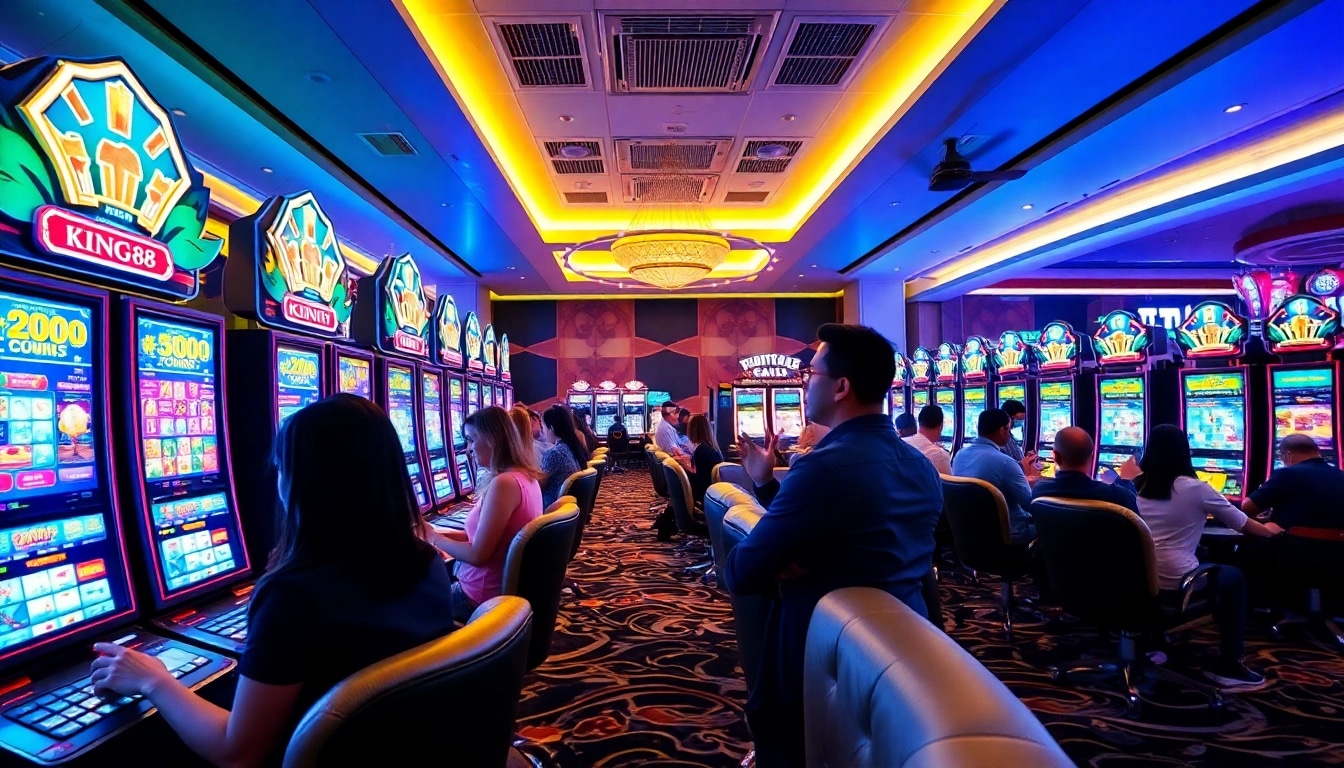 Exciting casino scene with players enjoying king88 online games, showcasing vibrant digital slots and luxurious ambiance.