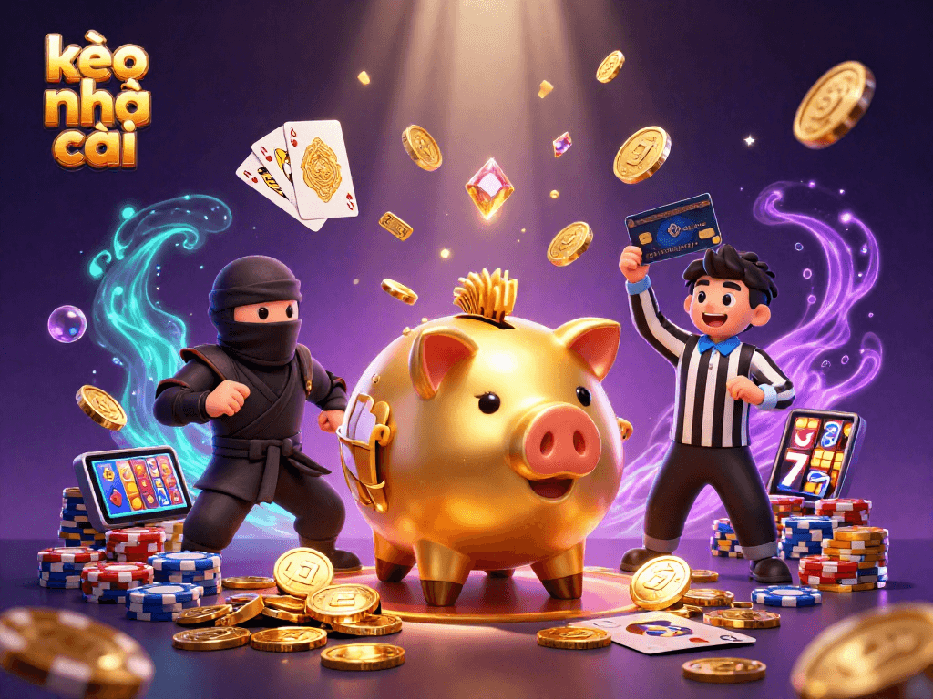 Engage with kèo nhà cái through vibrant 3D illustration featuring a sumo wrestler and playful gambling elements.