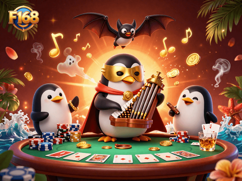 Playing the pipe organ, F168's phantom penguin shoots golden coins while poker chips surround the scene.