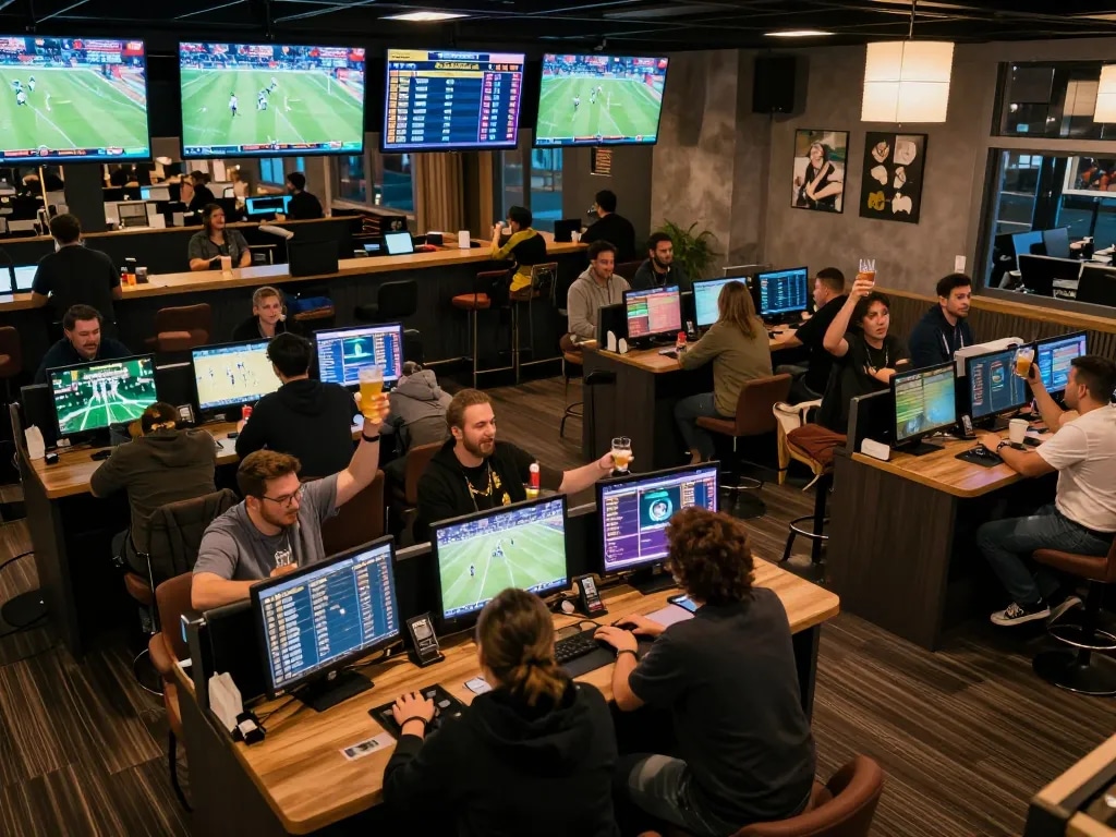 Engaging moment of thể thao tr88 sports betting with excited bettors in a lively lounge setting