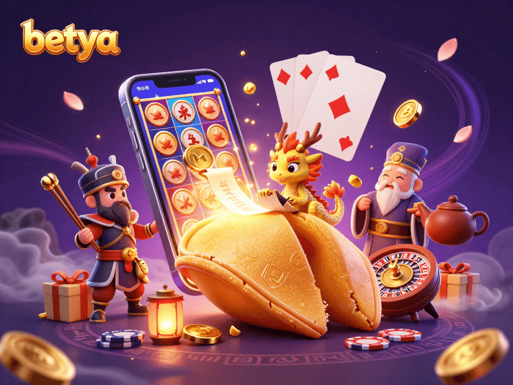 Engage with betya's vibrant casino scene featuring a fortune cookie, dragon, and gaming elements.