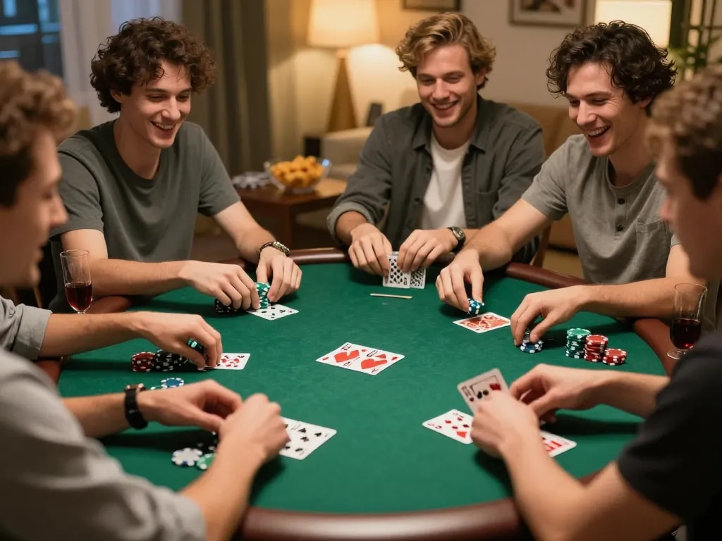 Sahabat menikmati permainan poker yang mendebarkan di rumah dengan strategi aman788, menangkap semangat dan kebersamaan.