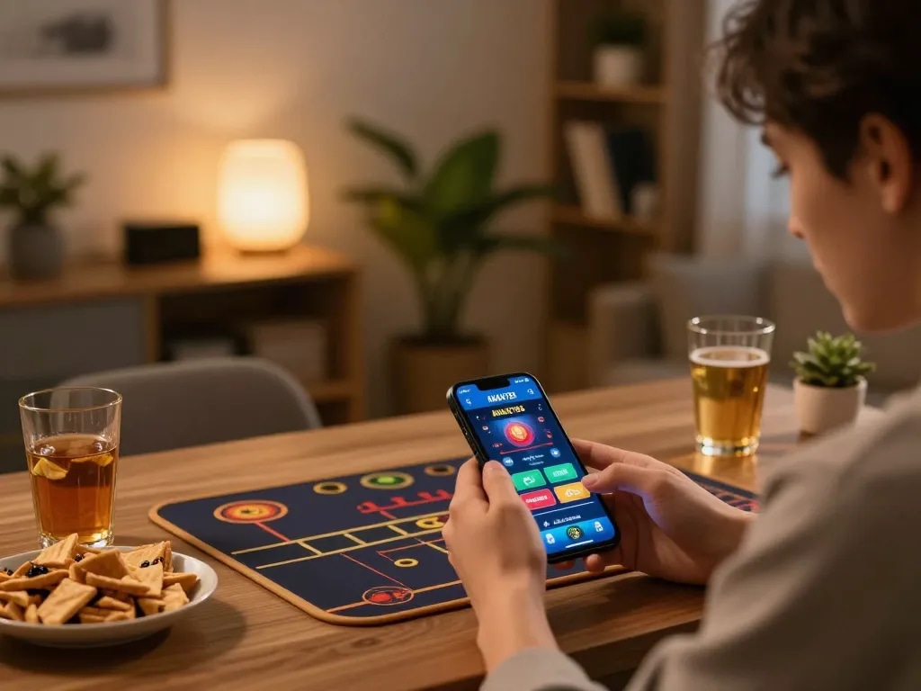 Terlibat dalam permainan online dengan aplikasi AMAN788 di smartphone, malam yang nyaman di rumah, menyoroti permainan strategis.