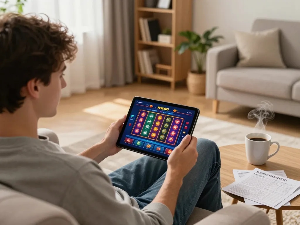 Playing RR88 online casino games on a tablet in a cozy home setting, emphasizing responsible gaming.