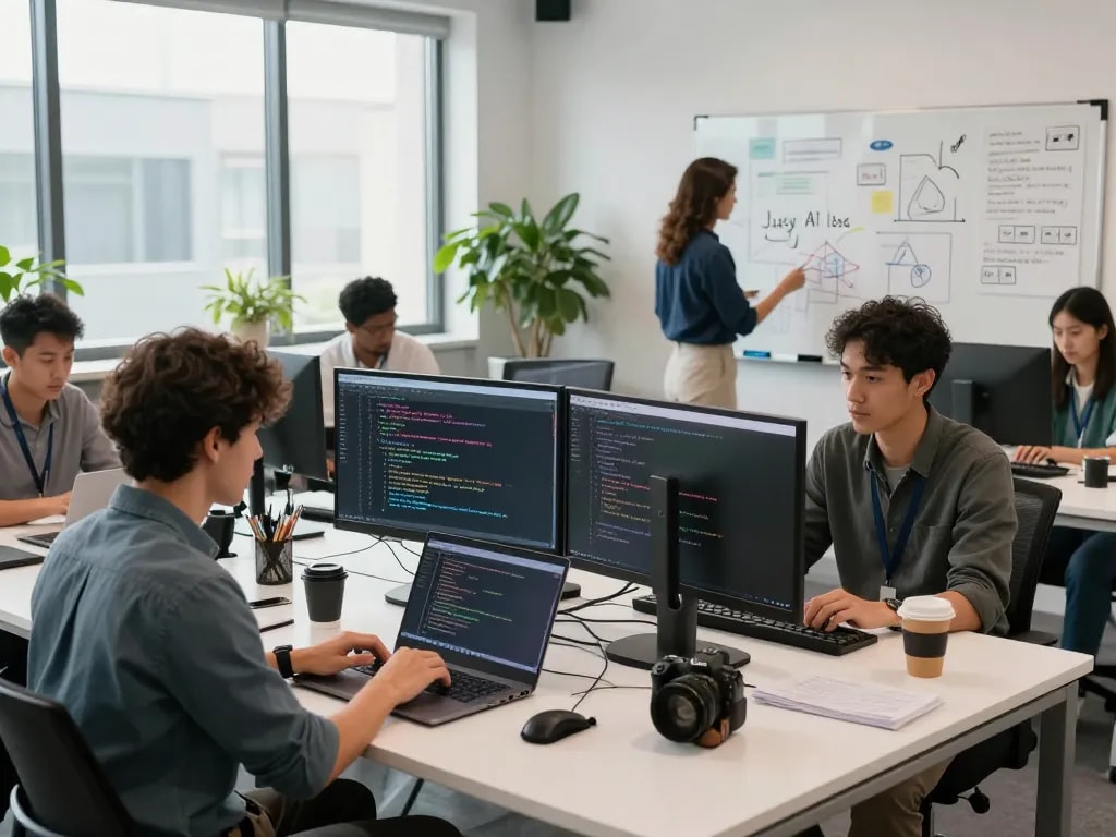 Team collaborating on juicy AI projects in a modern tech workspace with coding setups and brainstorming materials.