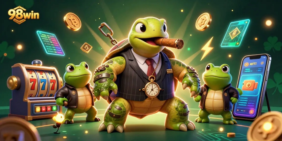 Experience thrilling gaming action with 98win’s vibrant casino scene featuring cartoon characters and neon crypto elements.