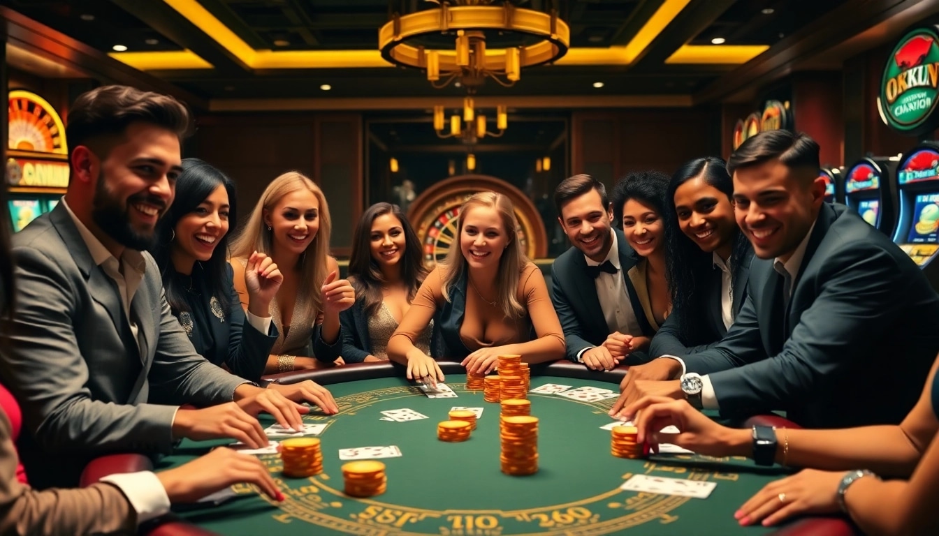 Players enjoying a thrilling poker game at OKFUN casino, showcasing excitement and strategy.