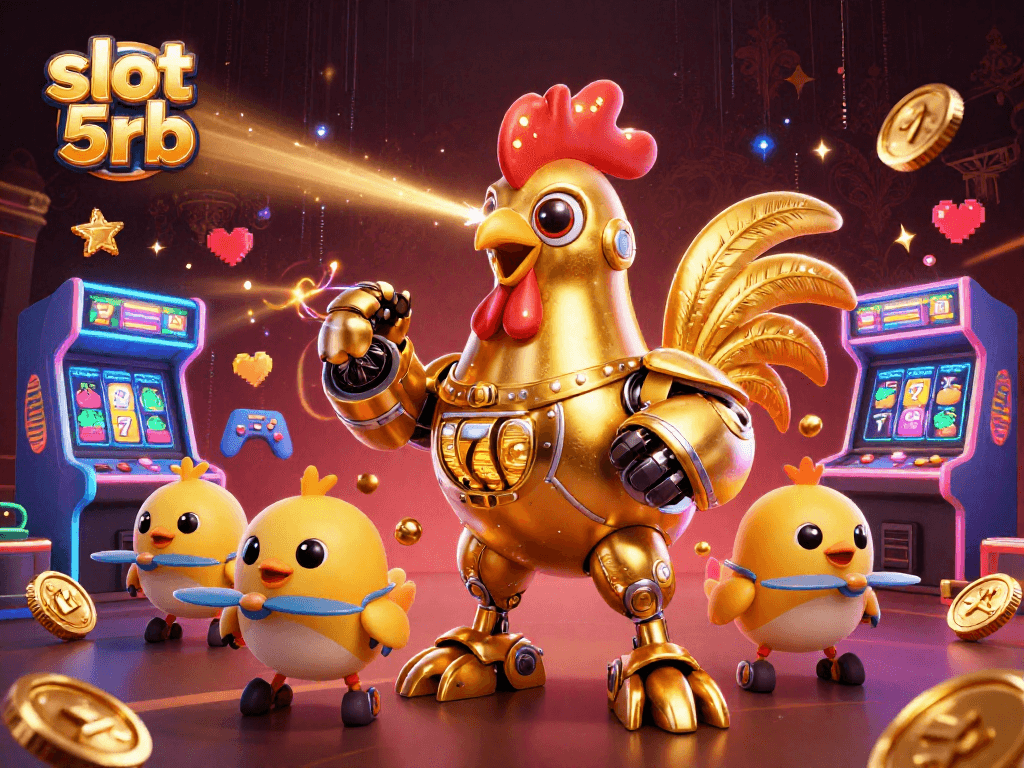 Experience thrilling gameplay with slot 5rb surrounded by vibrant arcade machines and golden slot reels.