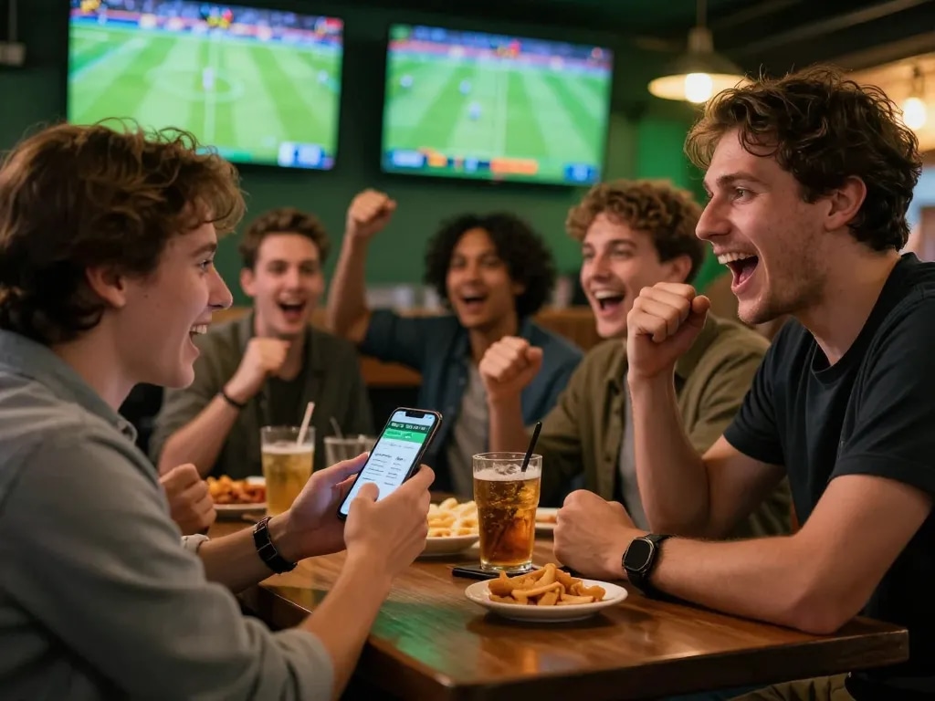 Soi kèo nhà cái hôm nay with an enthusiastic sports bettor using smartphone to place wagers in a vibrant bar