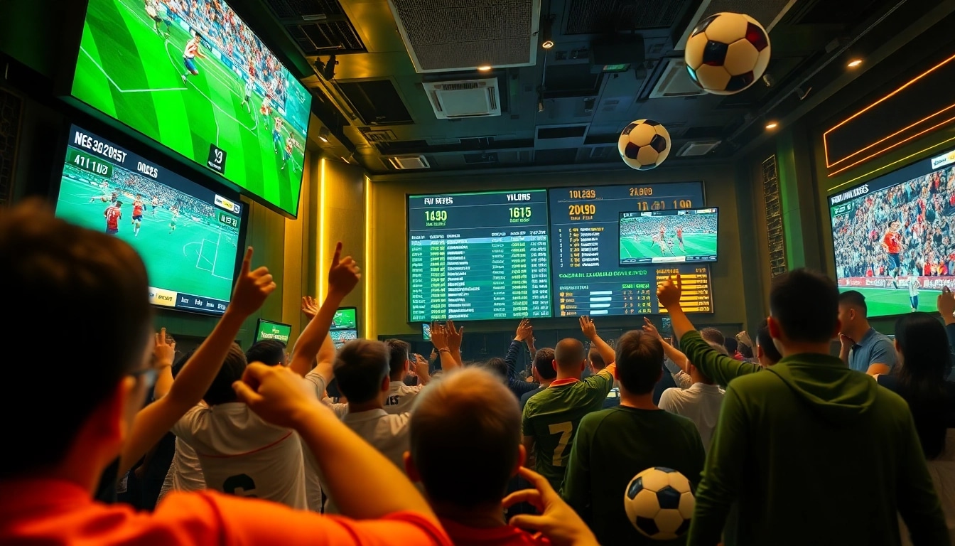 The dynamic scene of kèo nhà cái 5 showcasing real-time soccer betting odds in an energized sports bar.