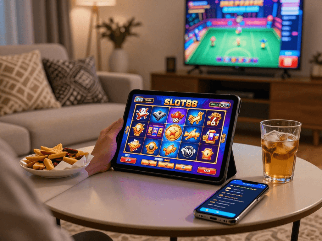 Engaging with slot88 resmi in a cozy gaming setup featuring vibrant graphics and snacks.