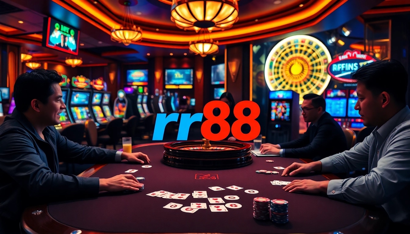 Players enjoying high-stakes poker with rr88 branding at a stunning casino table.