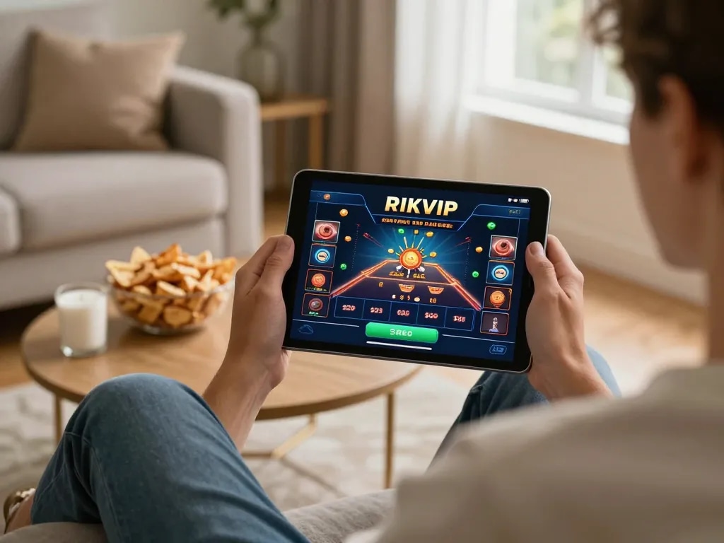 Engaging session on https://tairikvip.co as a player enjoys RIKVIP casino game on tablet in a cozy living room.