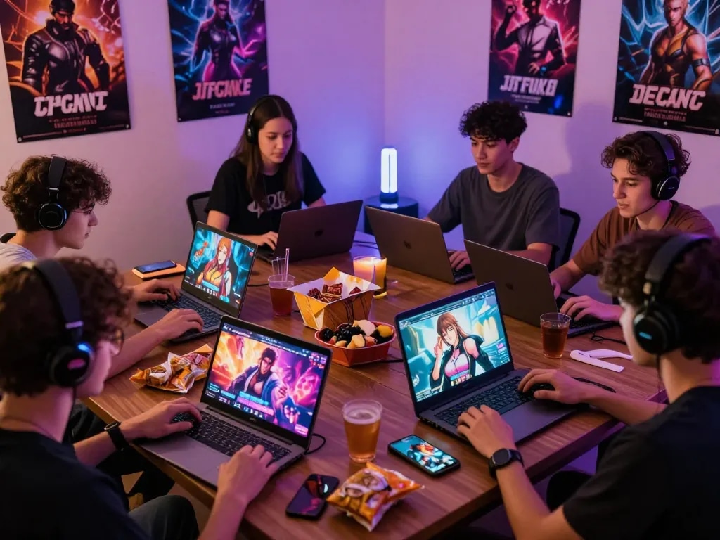 Engaging scene of players enjoying porngames on various devices, showcasing a lively gaming night.