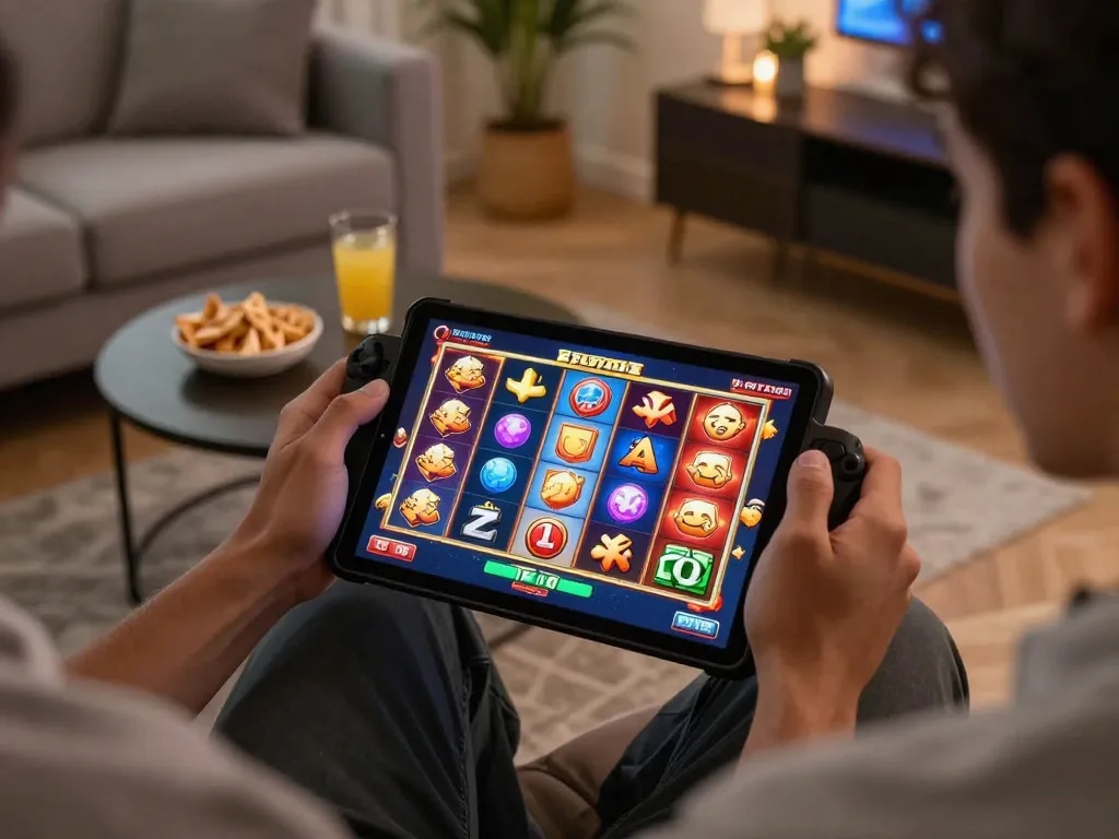 Permainan menarik pada permainan slot aman788 ditampilkan di tablet dalam suasana rumah yang nyaman.