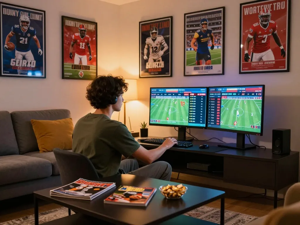Sky88 user engaged in sports betting with vibrant interface and snacks nearby
