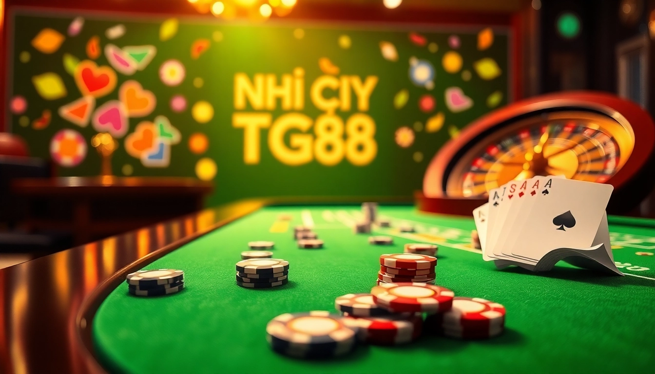 Engaging casino scene depicting NHÀ CÁI TG88 with poker chips and betting interface.