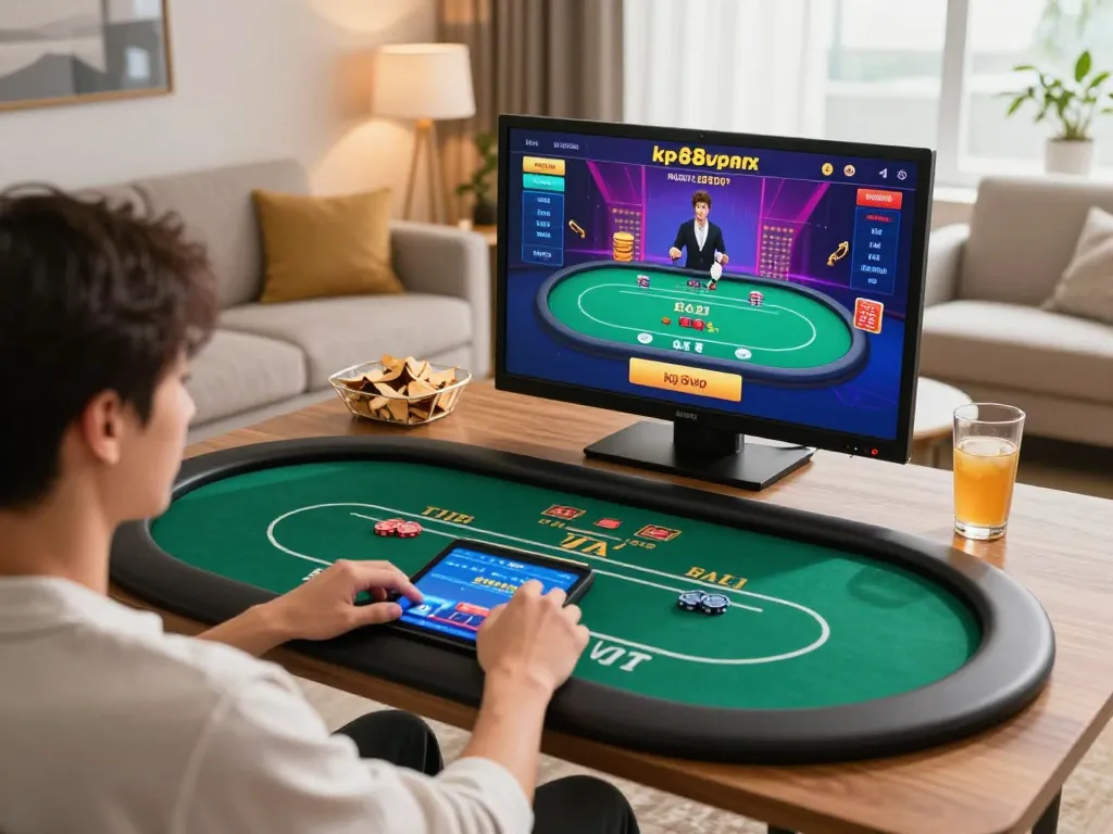 Player enjoying live dealer poker on tablet at home, featuring kp88vip gaming.