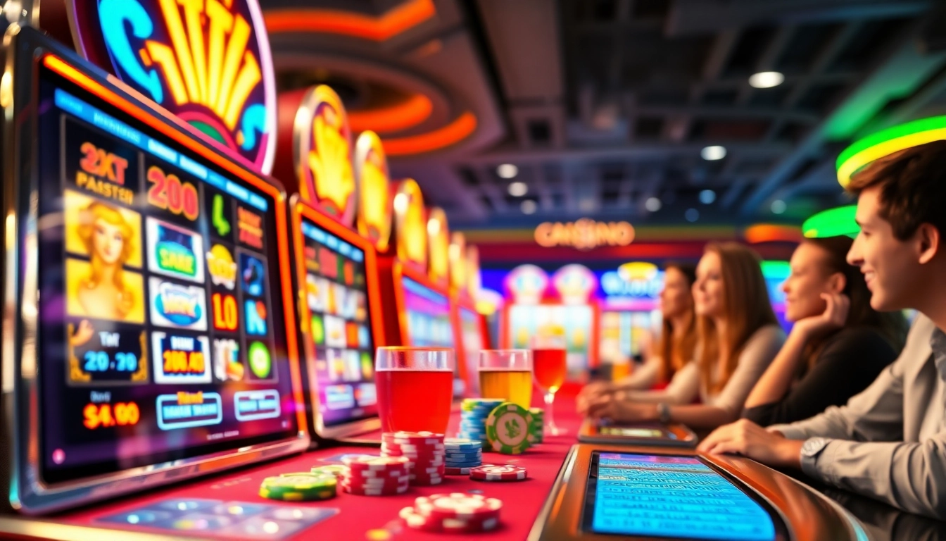 Engaged players enjoying an rtp slot machine in a lively casino atmosphere.