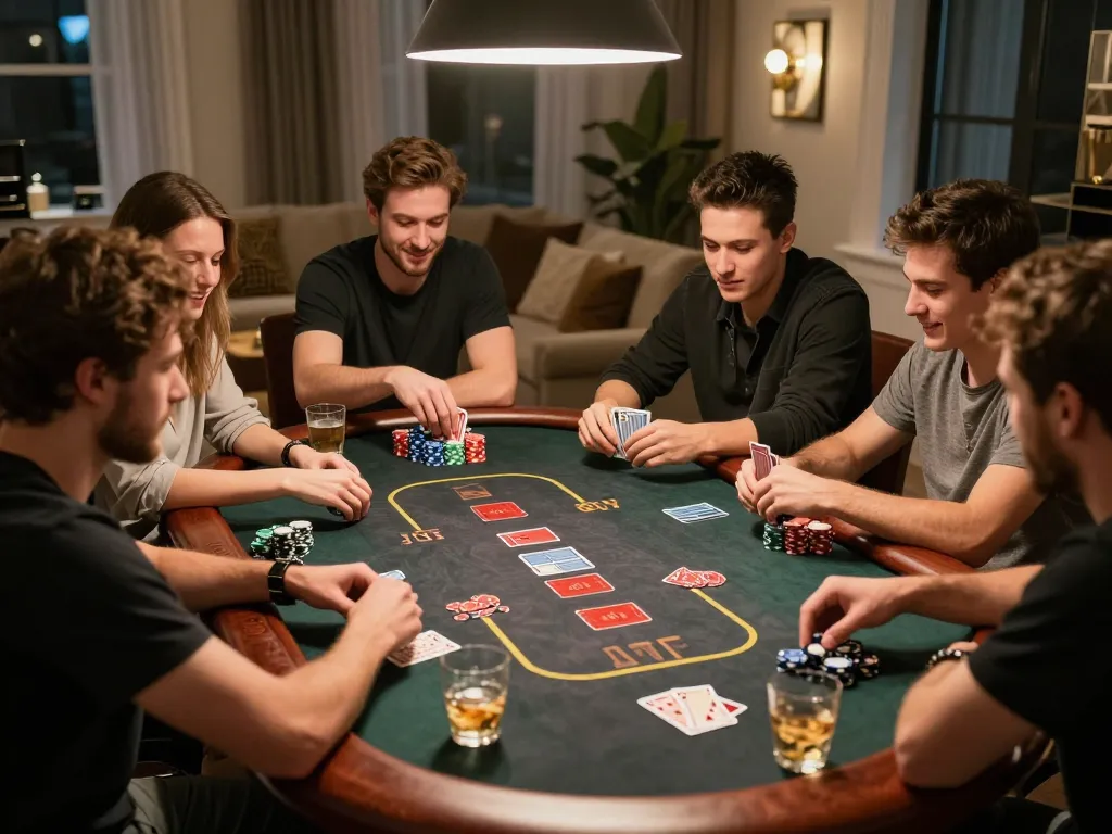 Teman-teman merumuskan strategi dalam permainan poker rumahan yang menarik, menampilkan suasana permainan HD4D dan fokus intens pada kartu