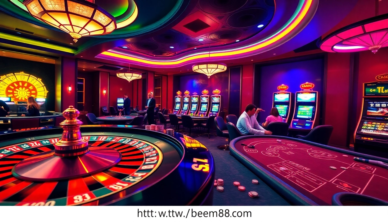 Experience high-stakes gaming at https://bem88.com with vibrant casino tables and excited gamblers.