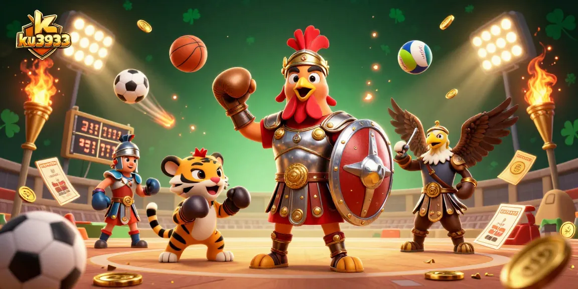 Engage in thrilling online gaming action with ku3933 featuring a dynamic illustration of a gladiator rooster and sports elements.