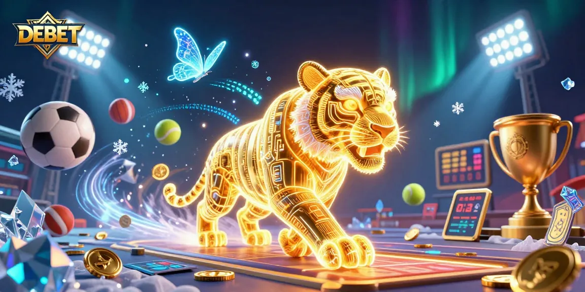 DEBET explores a vibrant digital casino scene filled with sports elements and golden rewards.