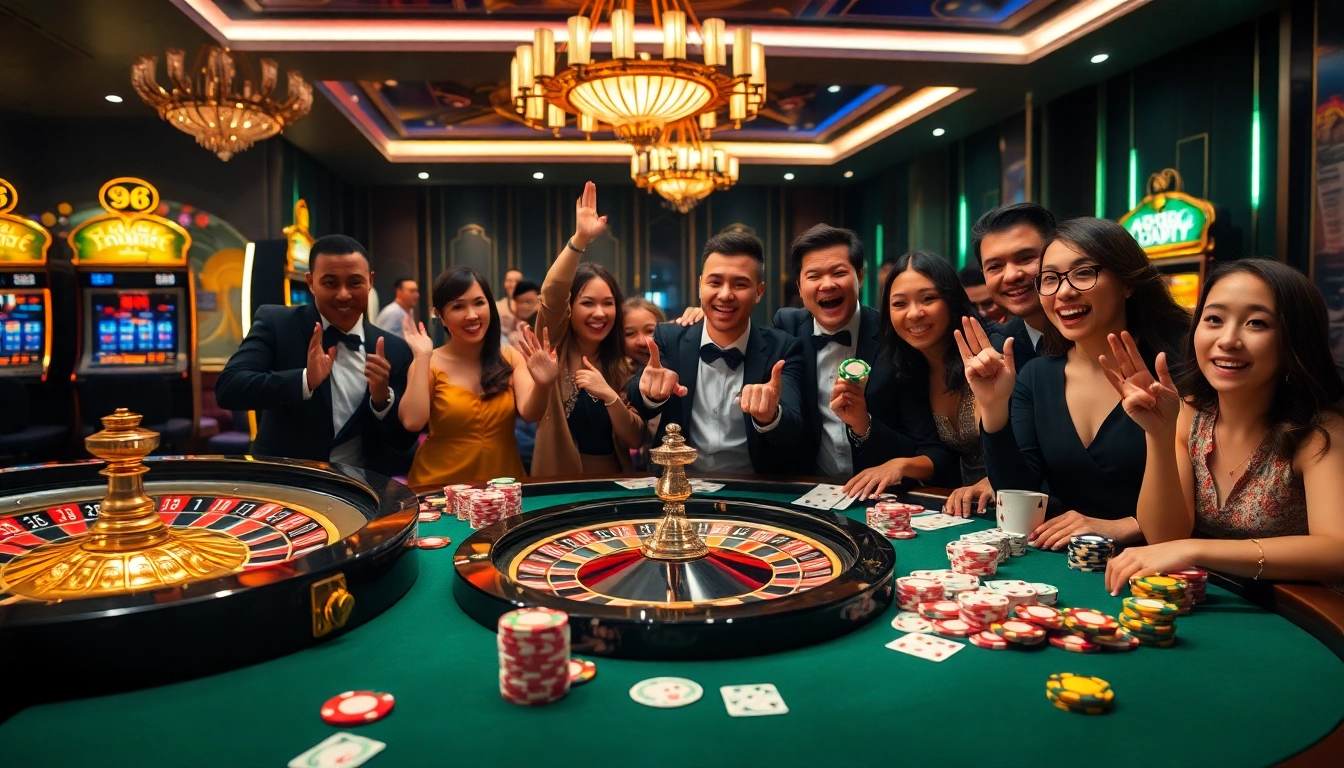 Players celebrating a big win at a luxurious casino table with exciting rr99 gameplay elements.