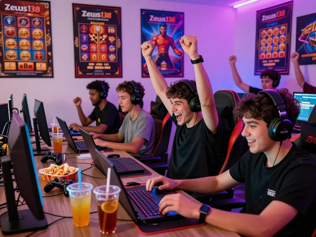 Players celebrating a win on Zeus138 online gaming platform with vibrant atmosphere and gaming accessories.