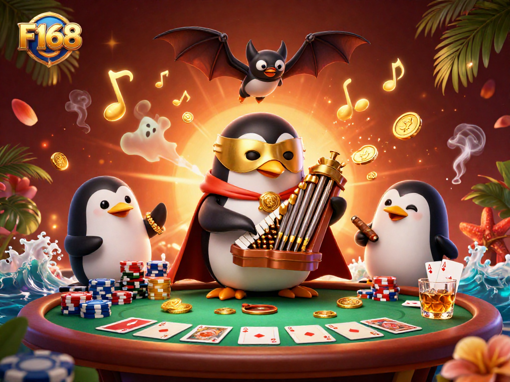 Playing the pipe organ, F168's phantom penguin shoots golden coins while poker chips surround the scene.