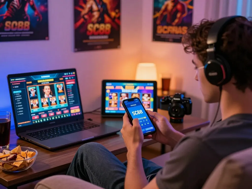Engaging with SC88 app for online gaming entertainment at home.