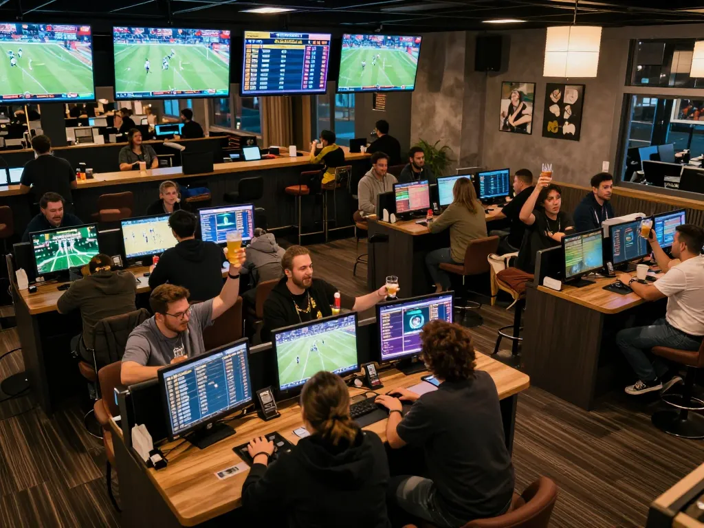 Engaging moment of thể thao tr88 sports betting with excited bettors in a lively lounge setting