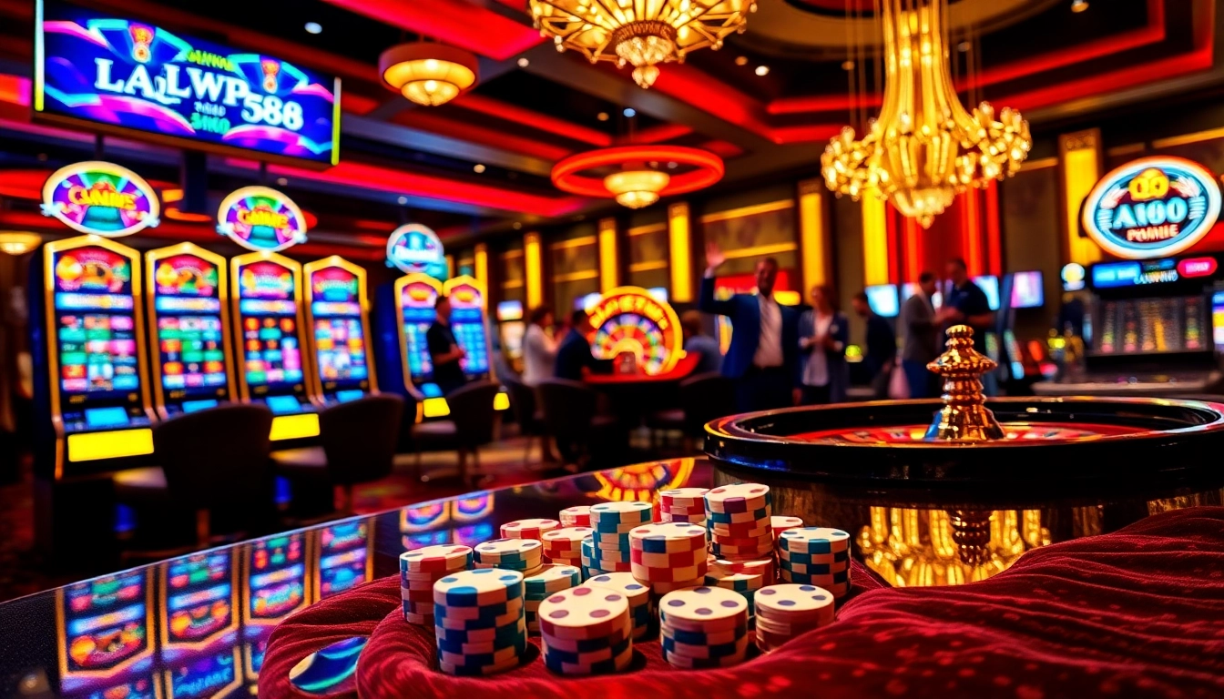 OLYMPUS88 slot machine area with poker chips, dice, and a roulette wheel in an exciting casino atmosphere.