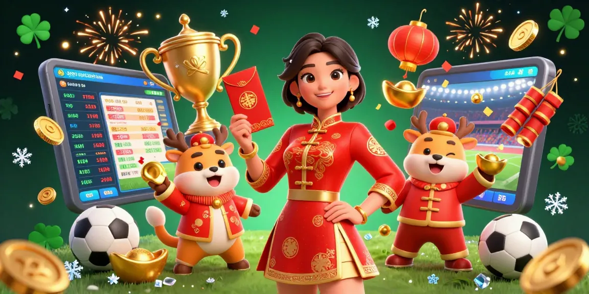 Agen sportsbook bola scene showcasing vibrant betting elements, trophy, and festive characters celebrating winning moments.