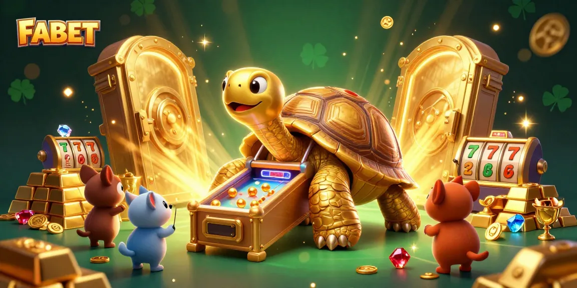 Engage with the FABET thrilling casino world through a dazzling illustration featuring a colossal golden tortoise pinball.