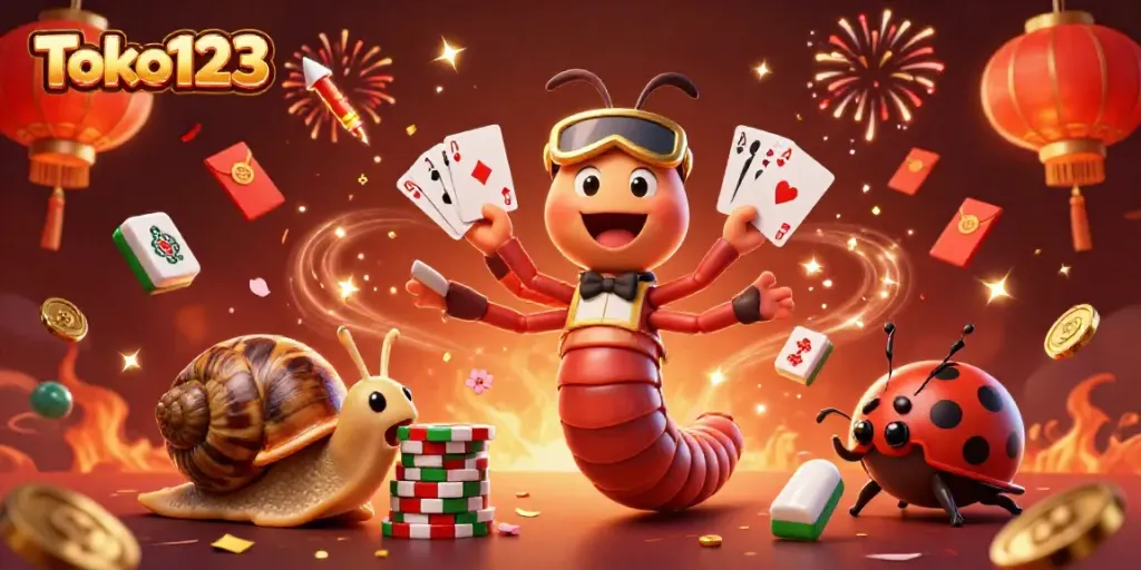 Engaging Toko123 illustration showing a cartoon millipede dealer surrounded by festive casino elements.