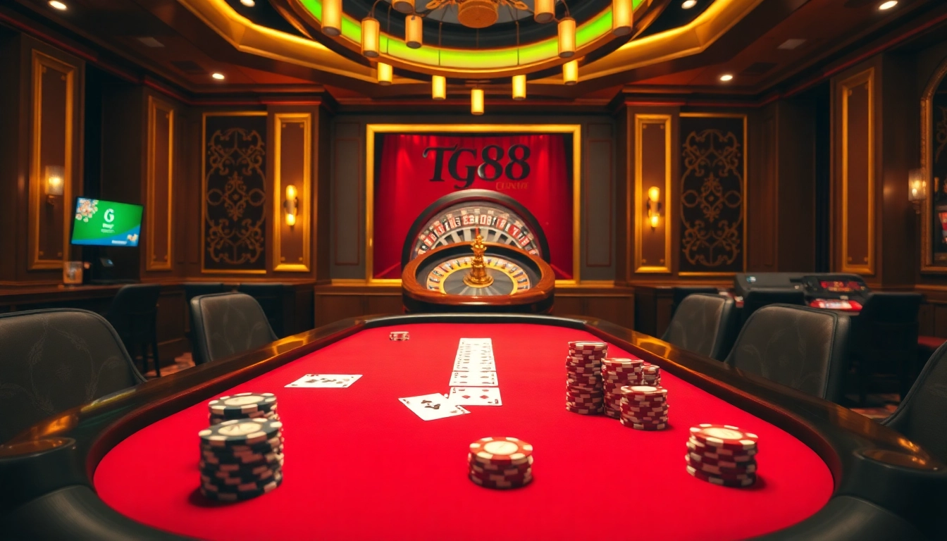 Win big at tg88 in a luxurious casino setting with poker chips, cards, and roulette.