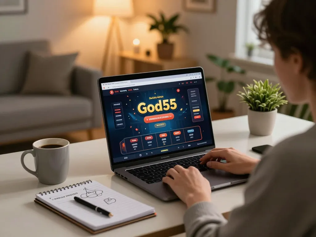 Player engaging in God55 online casino game from the comfort of home, emphasizing responsible gaming.