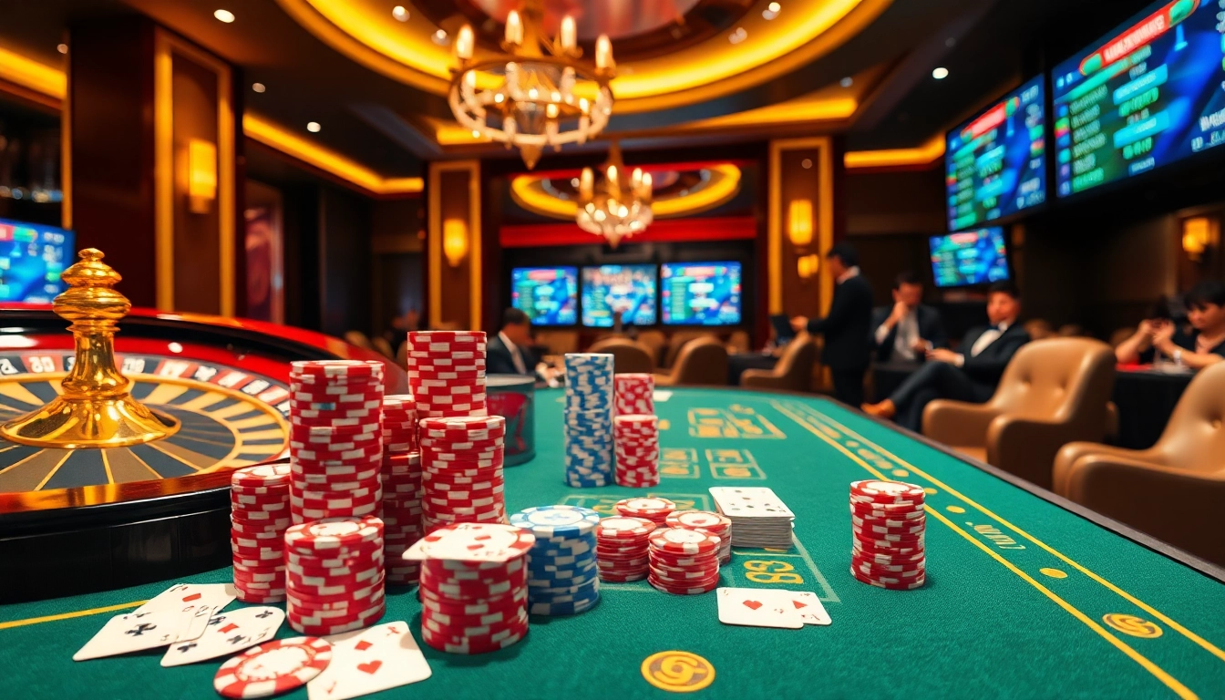 Bongdalu-themed casino scene with vibrant poker chips, roulette wheel, and elegant gamblers.