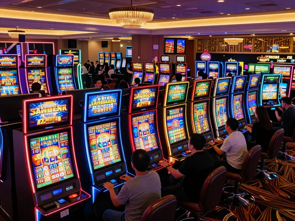 Engaging with slot gacor machines in a vibrant casino surrounded by excitement and bright displays