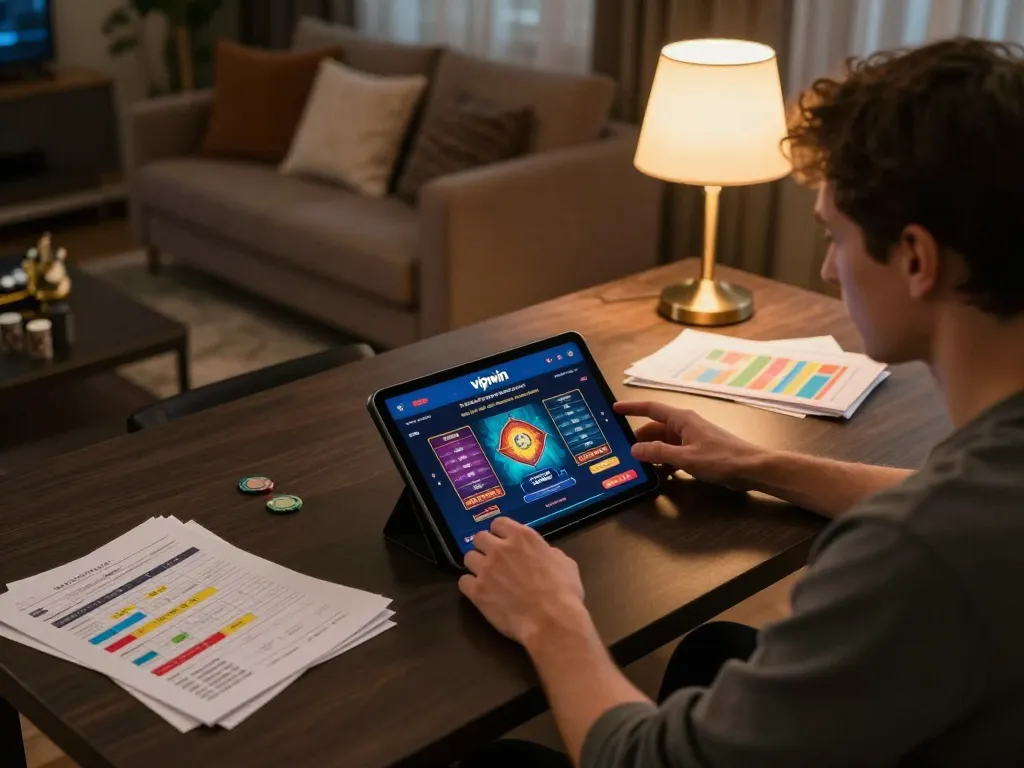 Player strategically using the vipwin app in a cozy home setting to enhance online gaming.