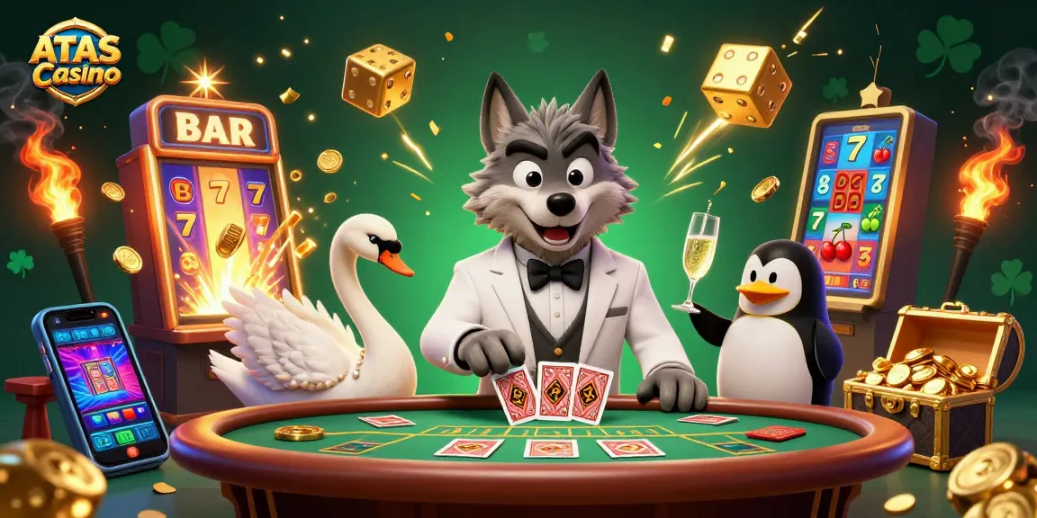 Experience thrilling gameplay with ATAS Casino's dynamic 3D illustration of debonair characters in action.