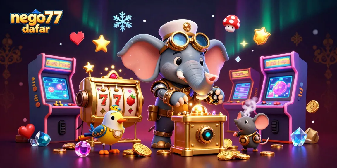 Engage with nego77 daftar through thrilling slot machines operated by a steampunk character in a vibrant casino scene.