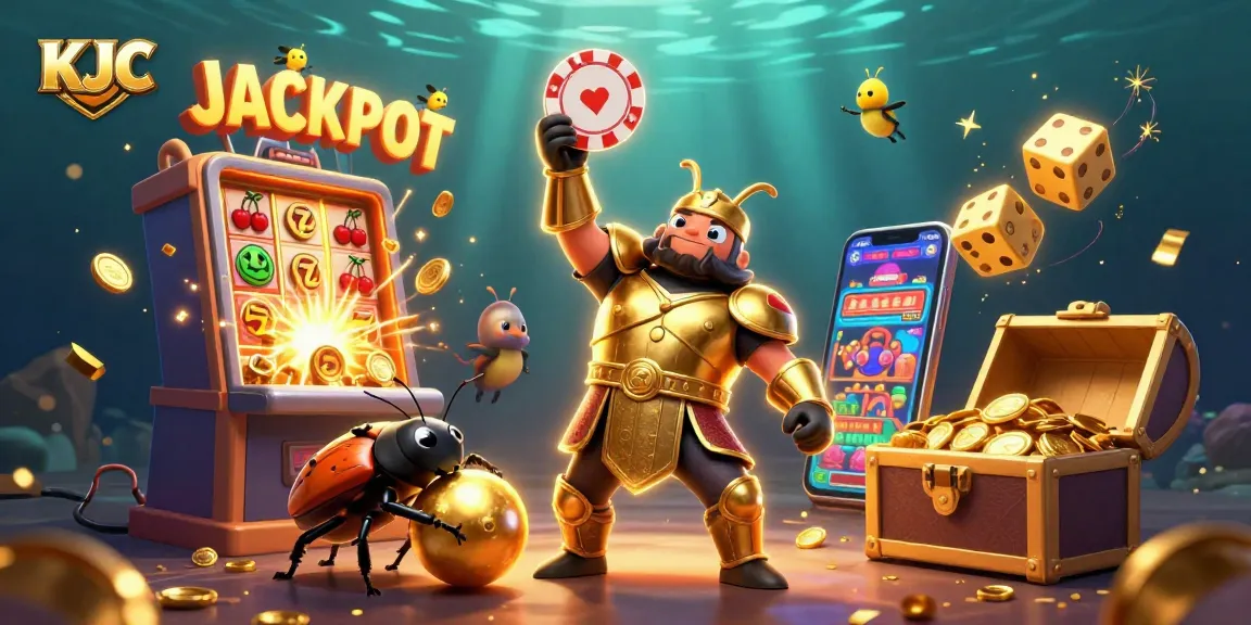 Join the KJC celebration with a beetle warrior lifting a poker chip amidst a colorful casino adventure.