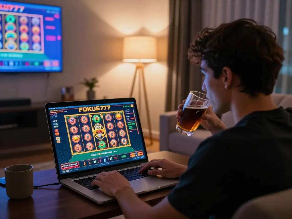 Engaged gamer playing Fokus77 online slots on a stylish laptop in a cozy living room.