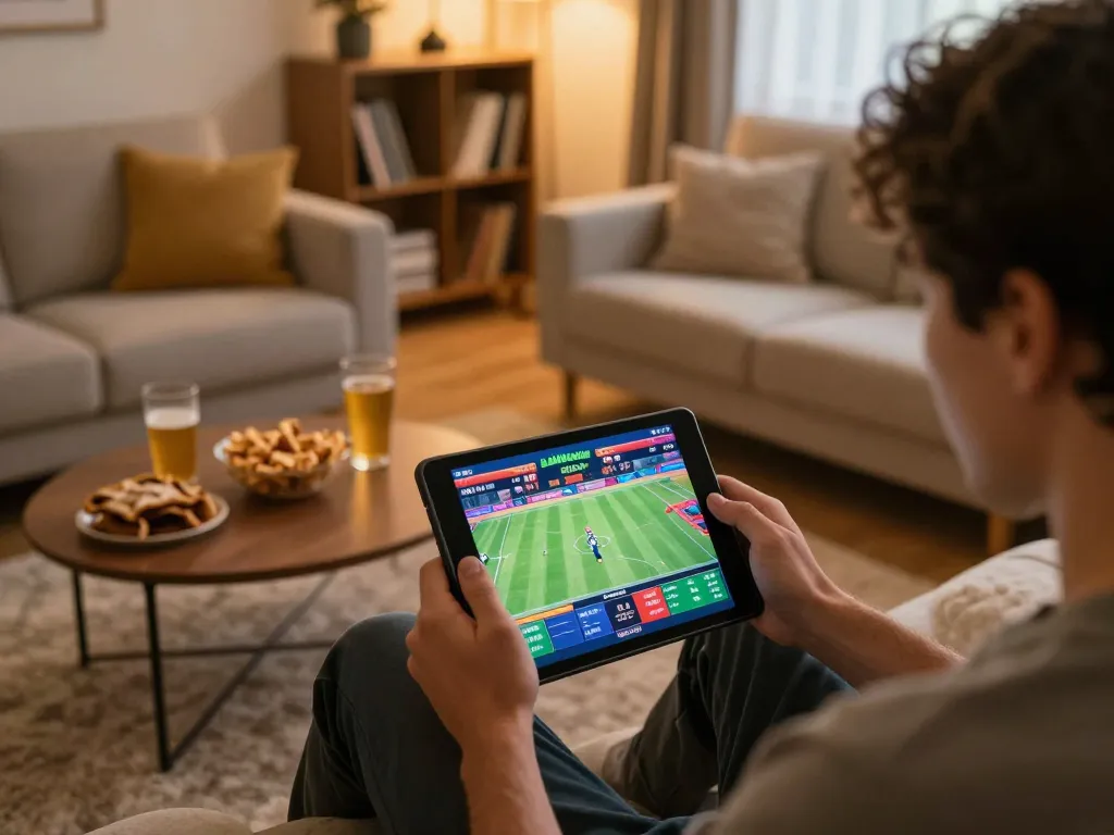 Socolive user engaging in sports betting on tablet in cozy home environment