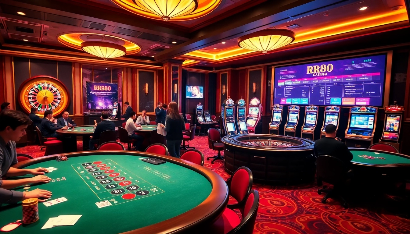Experience the excitement of winning at RR88 casino with vibrant gaming tables and slot machines.